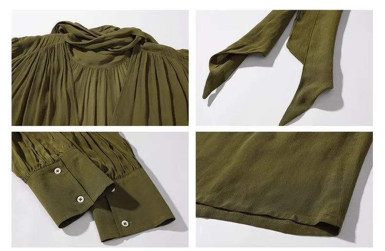 Grünes Oversize-T-Shirt mit V-Ausschnitt für Damen, luxuriöses, lockeres Design mit tiefem V-Ausschnitt, Herbst-Langarmshirt, elegantes, weites Puff-T-Shirt – Detail 4