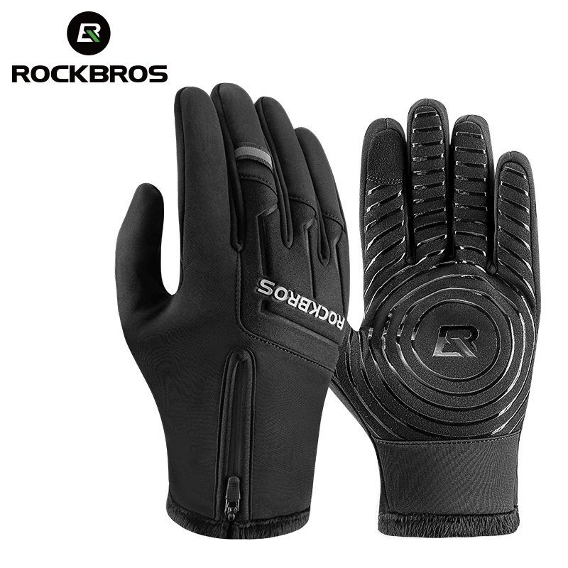 ROCKBROS Autumn Winter Fleece Bicycle Gloves Touch Screen Full Finger Gloves Reflective Long Wrist MTB Road Warm Cycling Gloves