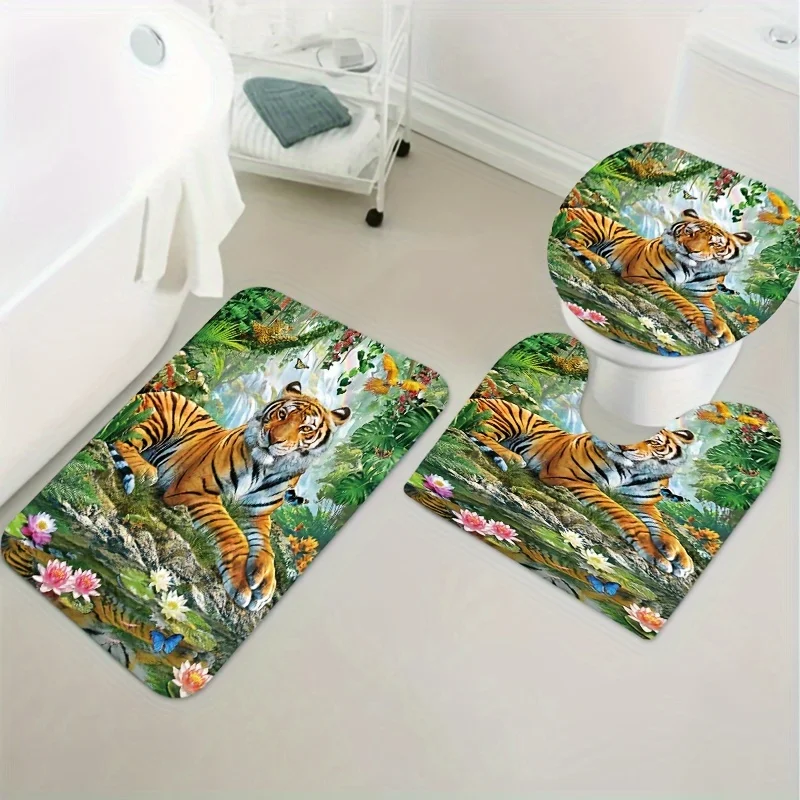 1/3/4pcs Forest Tiger Printed Shower Curtain Set, Waterproof Shower Curtain With Hooks, Non-Slip Bath Rug, Toilet U-Shape Mat, T