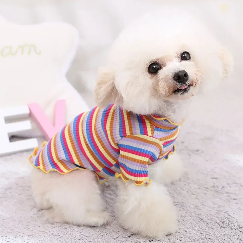 Autumn and Winter Colored Striped Bottom Shirt Teddy Pet Top Clothes Cotton Knitted Bottom Shirt Hoodie Two Feet Vest for Dog