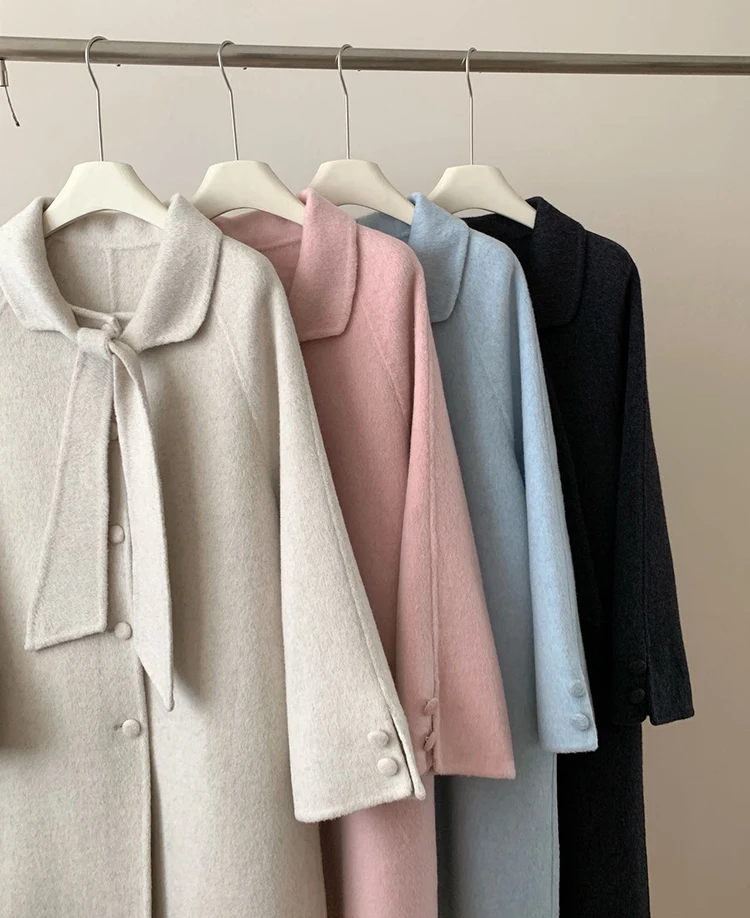 Winter High-End Handmade Double Breasted Wool Long Coats Women's Suit Collar Loose Solid Causal Women Woolen Jackets