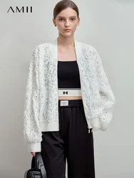 AMII Minimalist Zipper Jacket Women 2025 Autumn New V Neck Stereoscopic Hollow Flowers Drop Sleeve Loose Casual Tops 12541004