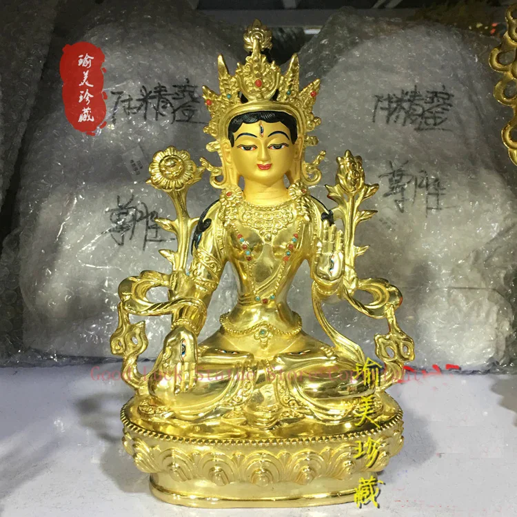 

GOOD --22cm Buddhist Buddhism efficacious Protection Tibet Nepal Gold-plated brass gold White Tara Bodhisattva Buddha statue