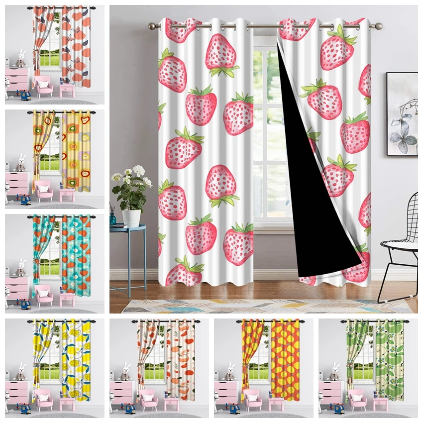 2pcs/set Fresh Fruits Print Polyester Window Curtains Green Apple Pink Peach Watermelon Decor Living Room Bedroom Blackout Drape
