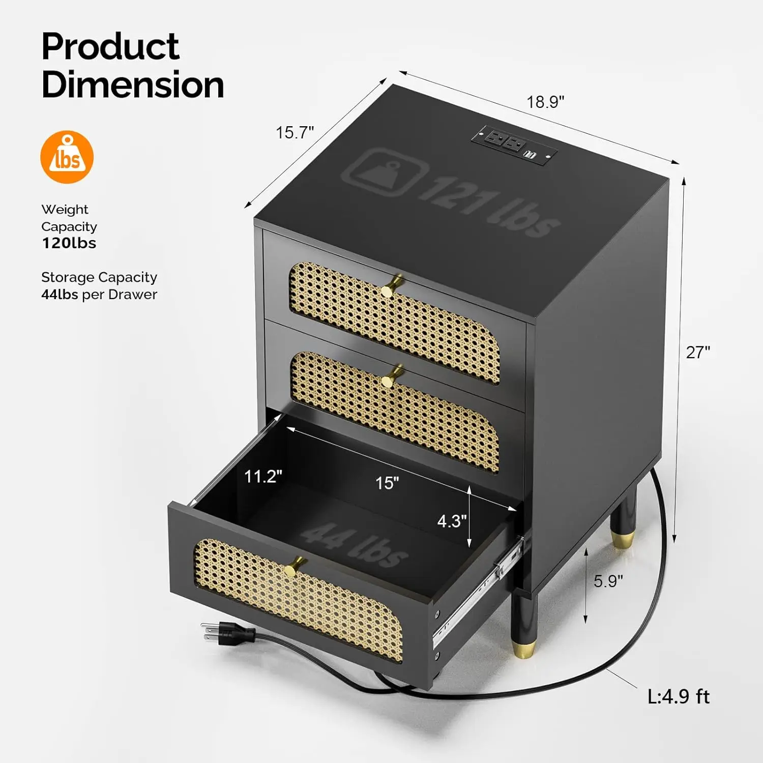 27' Black Rattan Nightstand Set of 2 with Charging Station, 3 Drawers, Boho Modern Bedside Tables (2 Pack)