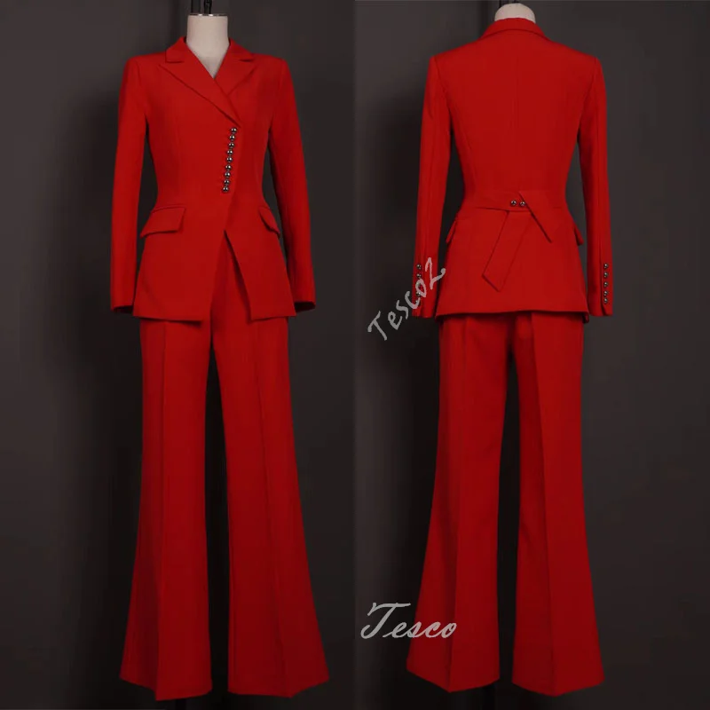 Tesco Fashion Red Women Suit Sets Unique Button Design Blazer And Wide Leg Pants Office Outfits 2 Piece Female Top For New Year