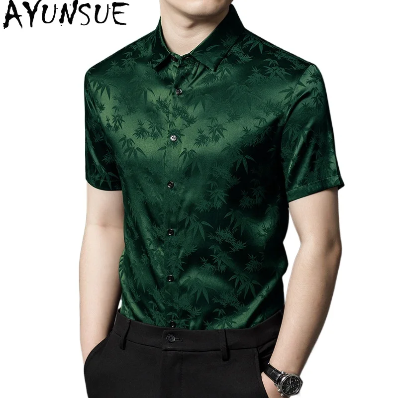 AYUNSUE 92.4% Mulberry Silk Men Shirt Mens Shirts Short Sleeves One Piece Shirt Summer Mens Clothing Ropa Hombre Fashion Tops