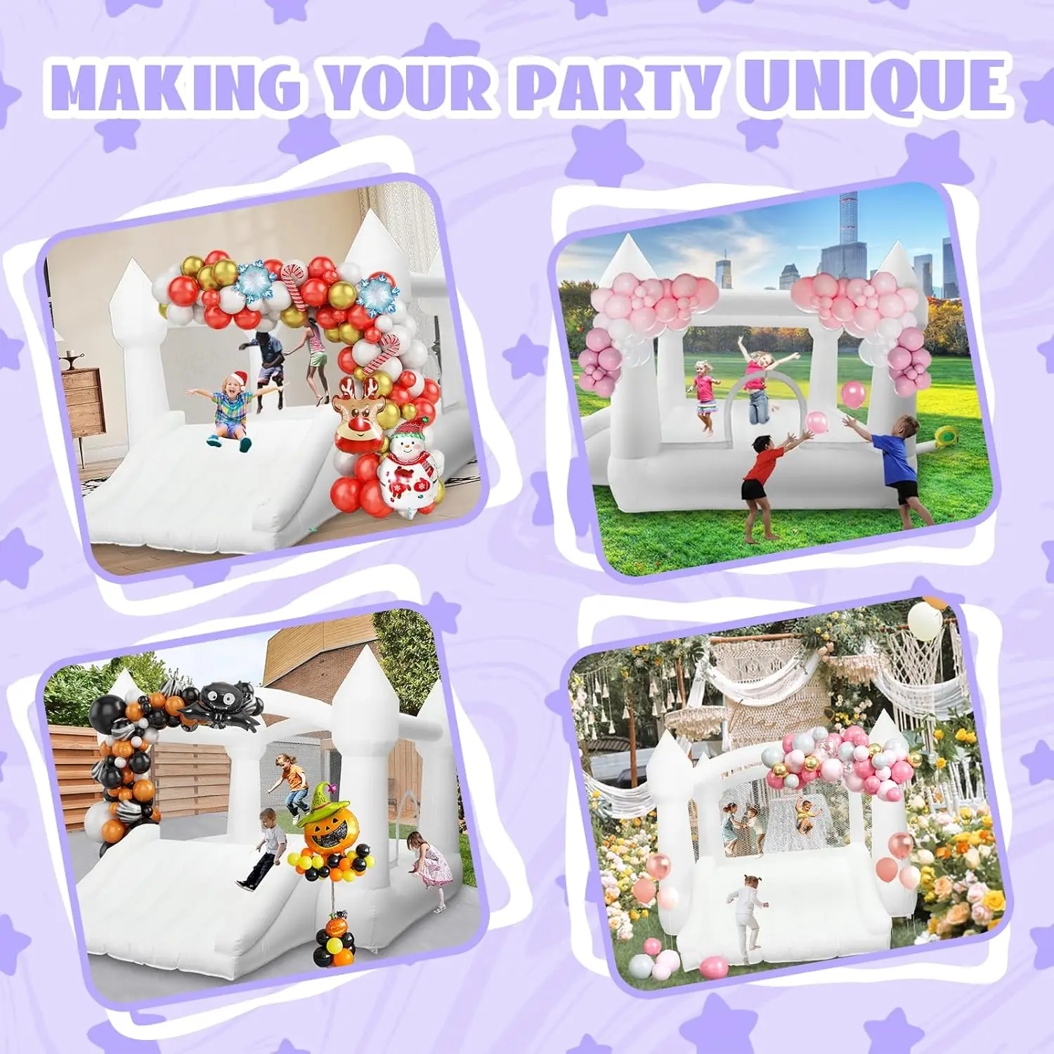 Nadmuchiwany domek do skakania White Castle 3,6 m x 2,7 m x 2,2 m, do użytku wewnątrz i na zewnątrz, z zjeżdżalnią i dmuchawą.