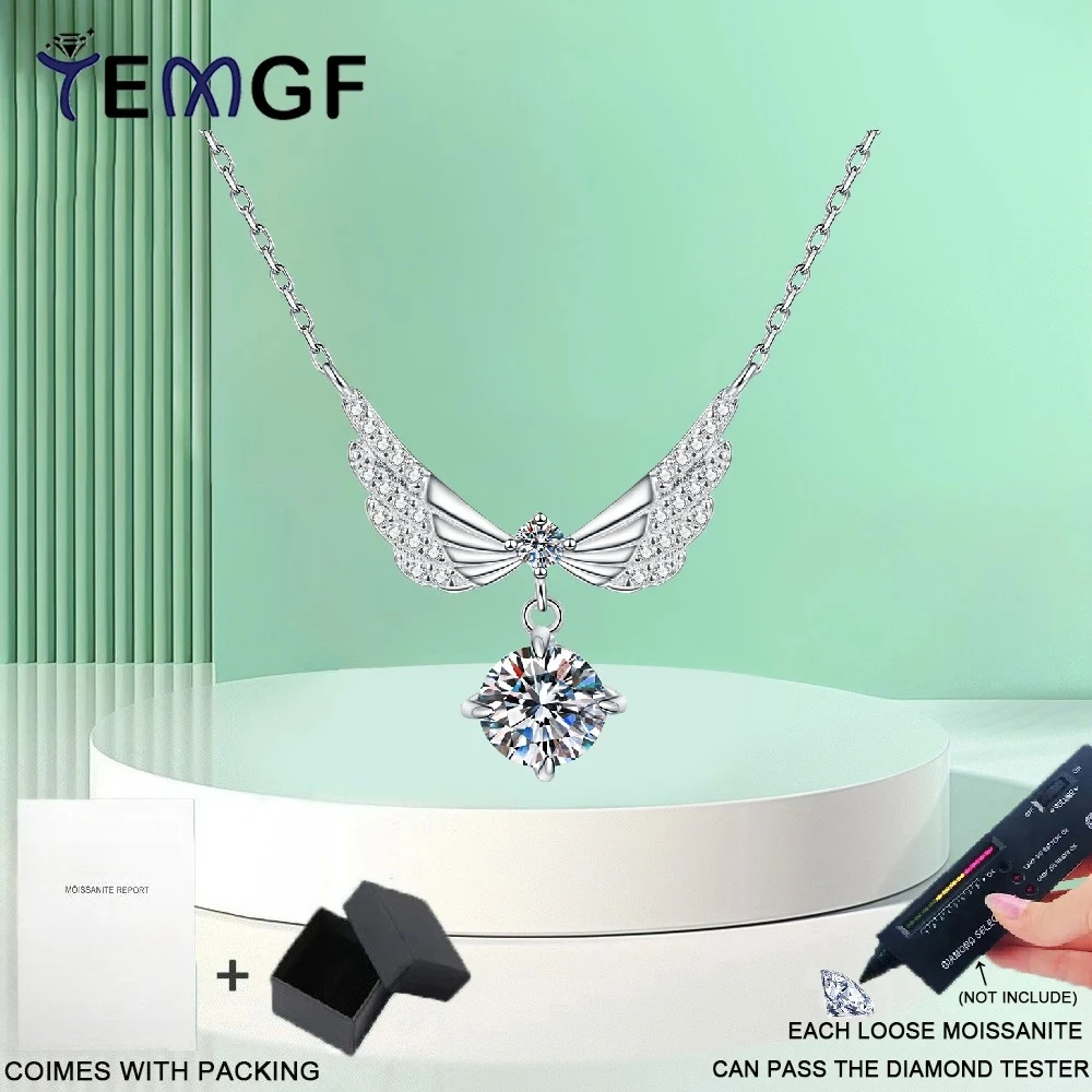 

TEMGF 6.5mm Moissanite Pendant Necklace S925 Sterling Silver Chain Elegant Wing Design for Women Sparkling Fine Jewelry With GRA