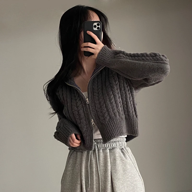 Zipper Up Korean Knitted Cardigan Women Autumn Winter Cropped Turtleneck Sweater Woman Chic Long Sleeve Twist Cardigans Female