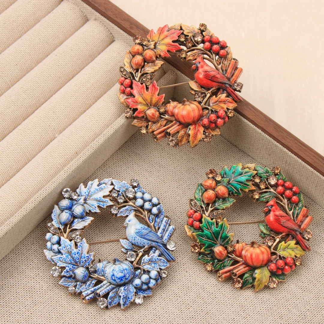 Baroque Luxury Fall/Winter Harvest Magpie Wreath Design Brooch for Men and Women, Jewelry, FashionAccessories, Couple'sPartyGift