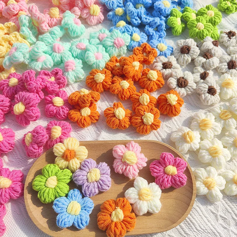 10Pcs Knitted Flower For Hair Clip DIY Hand-knitted Puff Flower Handmade Child Hairpin Clothes Jewelry Making Hair Accessories