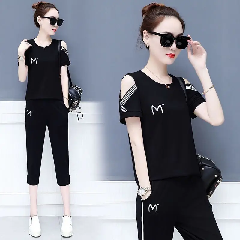 Women\'s Summer Casual Korean Short Suit 2024 New Loose Sports Clothes Sleeve T-shirt Capris Pencil Pants Two Piece Set For Women