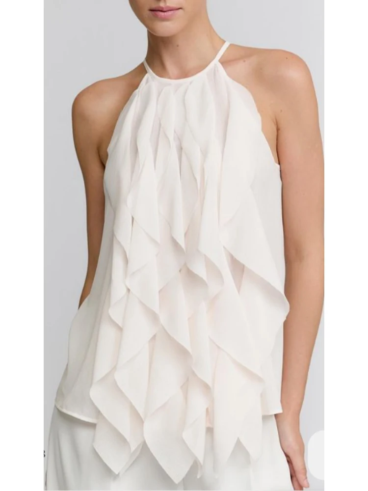 

European style new women's fashion versatile temperament solid color layered decoration halter neck top