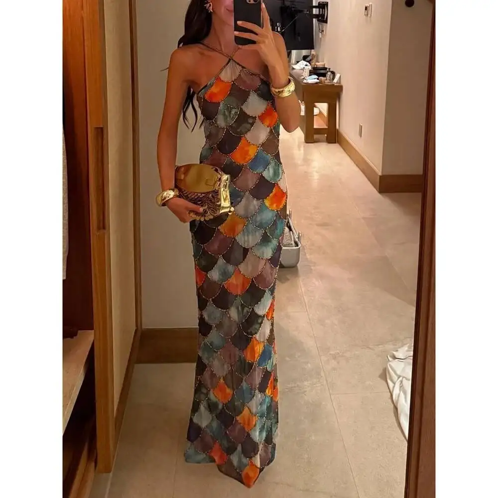 

Women Chic Sequins Colorful Scale Print Bohemian Sleeveless Off Shoulder Halter Neck Bodycon Vacation Maxi Long Dress