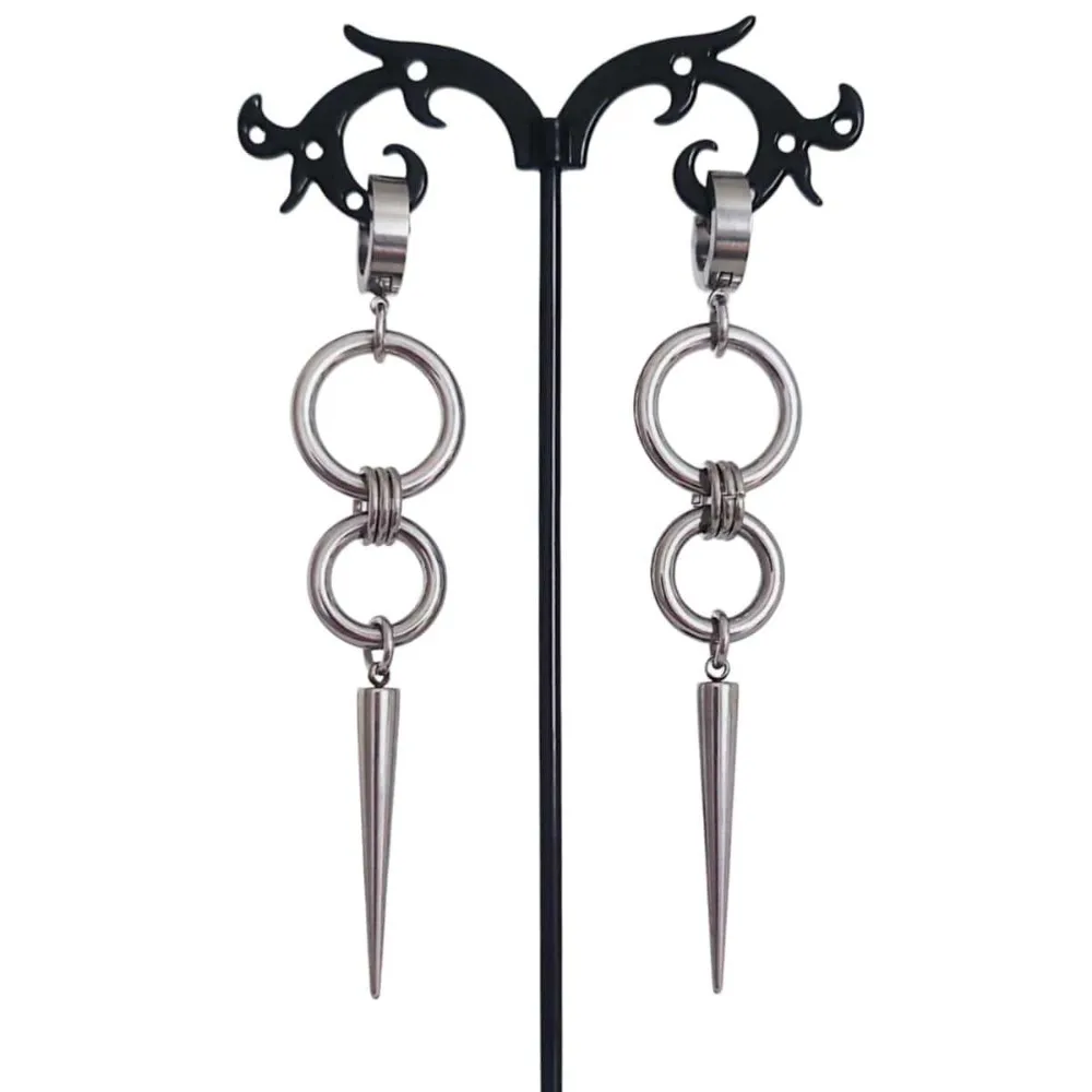 Punk Sliver Color Stainless Steel Long Rivet Tassel Circle Hoop Dangle Earrings for Men Women Hip Hop Trend Street Wear Jewelry