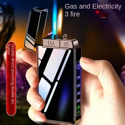 3 in 1 Unusual Butane Gas Lighter Windproof Dual Arc Open Fire Jet Fire Charge One Button Switch Visible Oil Window USB Lighter