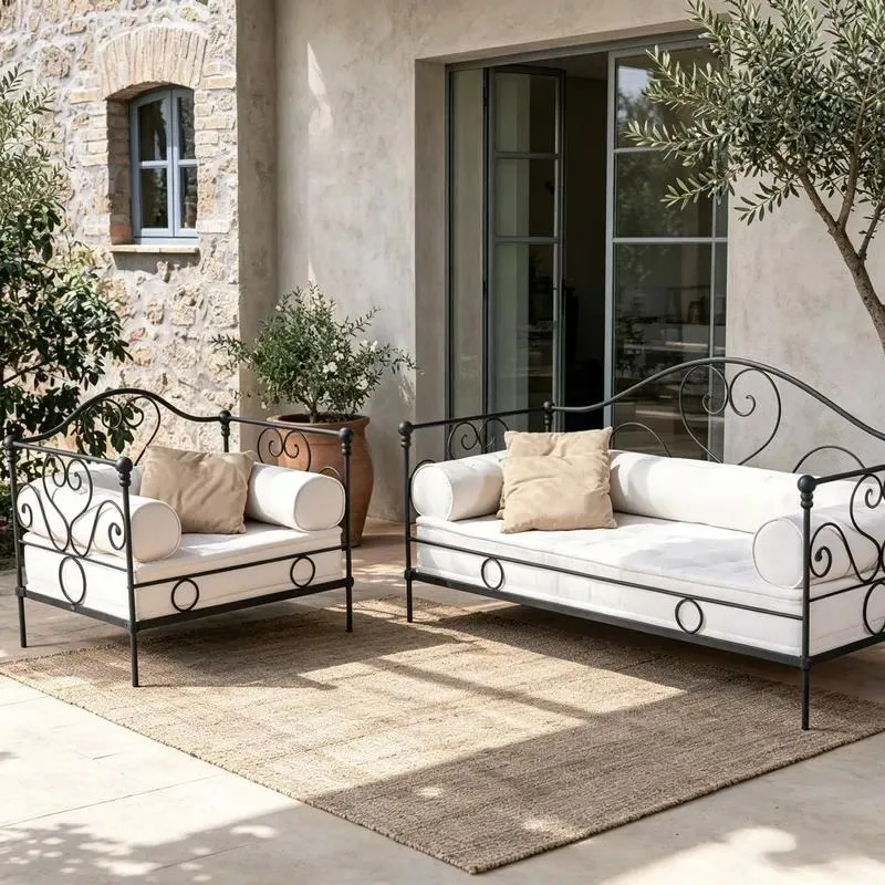 for Exquisite scroll-up wrought iron outdoor patio sofa set, metal frame session set with cushions and coffee table for villa