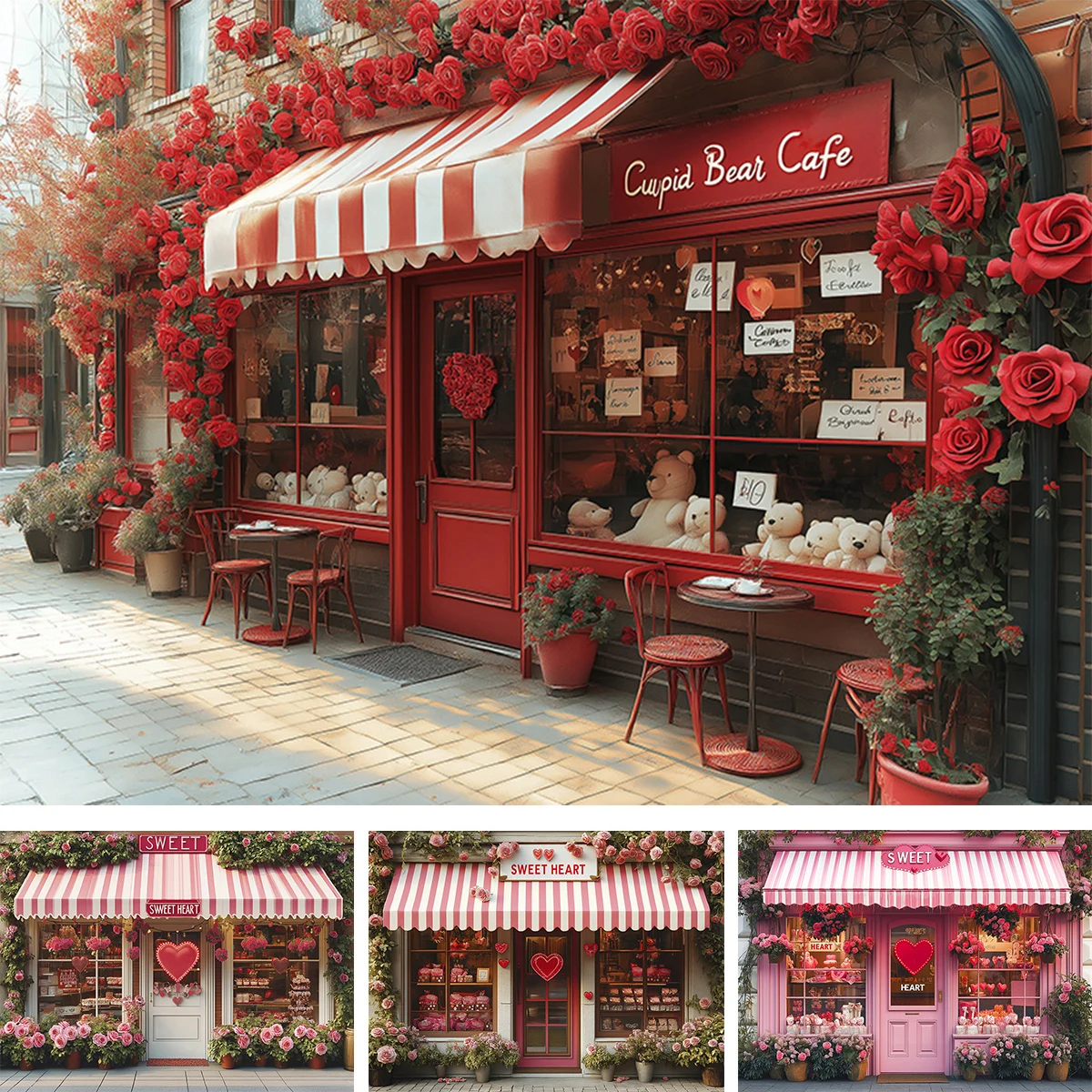 Romantic Cafe Front With Rose Backdrops Kids Baby Photography Child Photocall Sweet Heart Pink Floral Stores Backgrounds