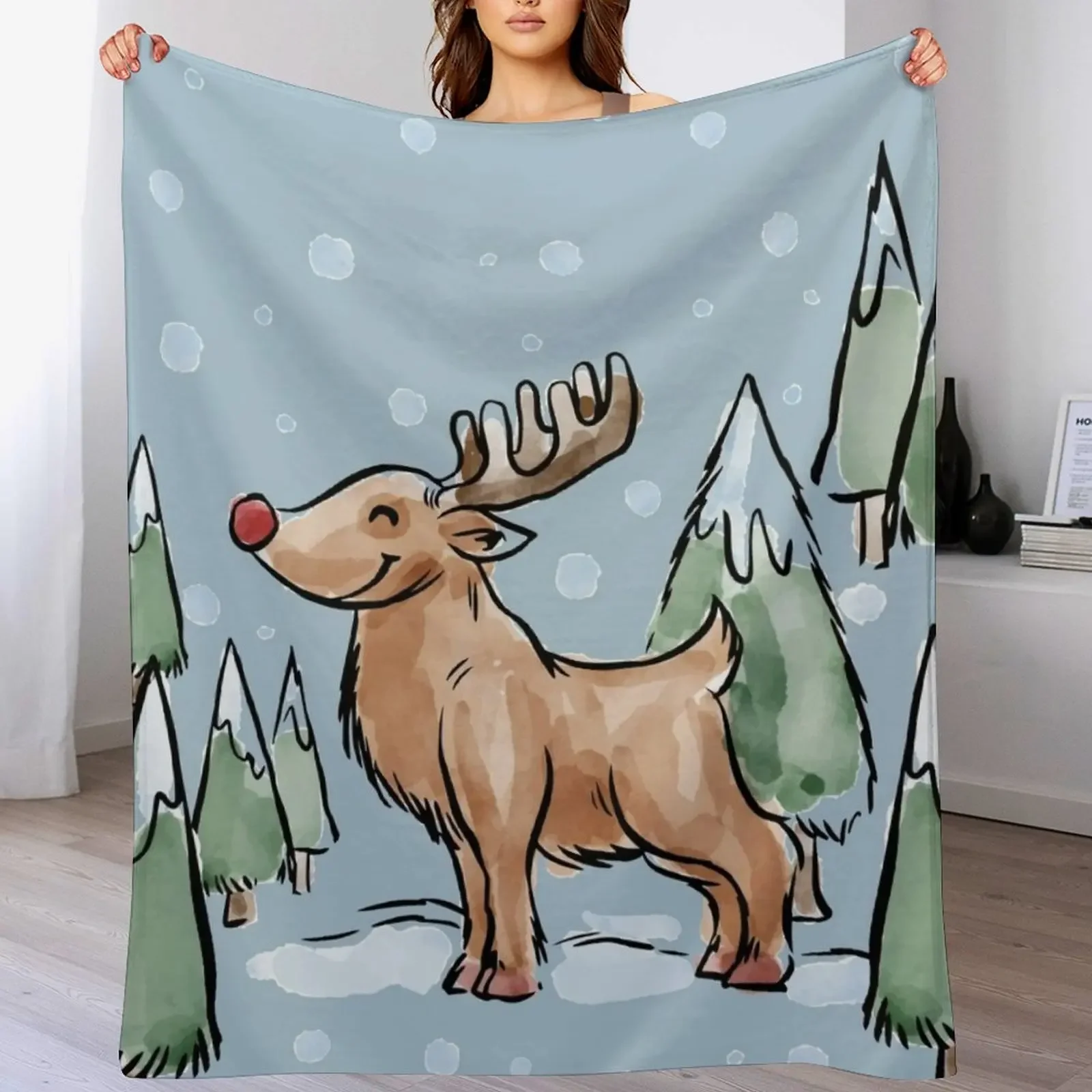 Watercolor Painting of Red Nose Reindeer in Christmas Snow Throw Blanket bed plaid Tourist Luxury Camping Blankets