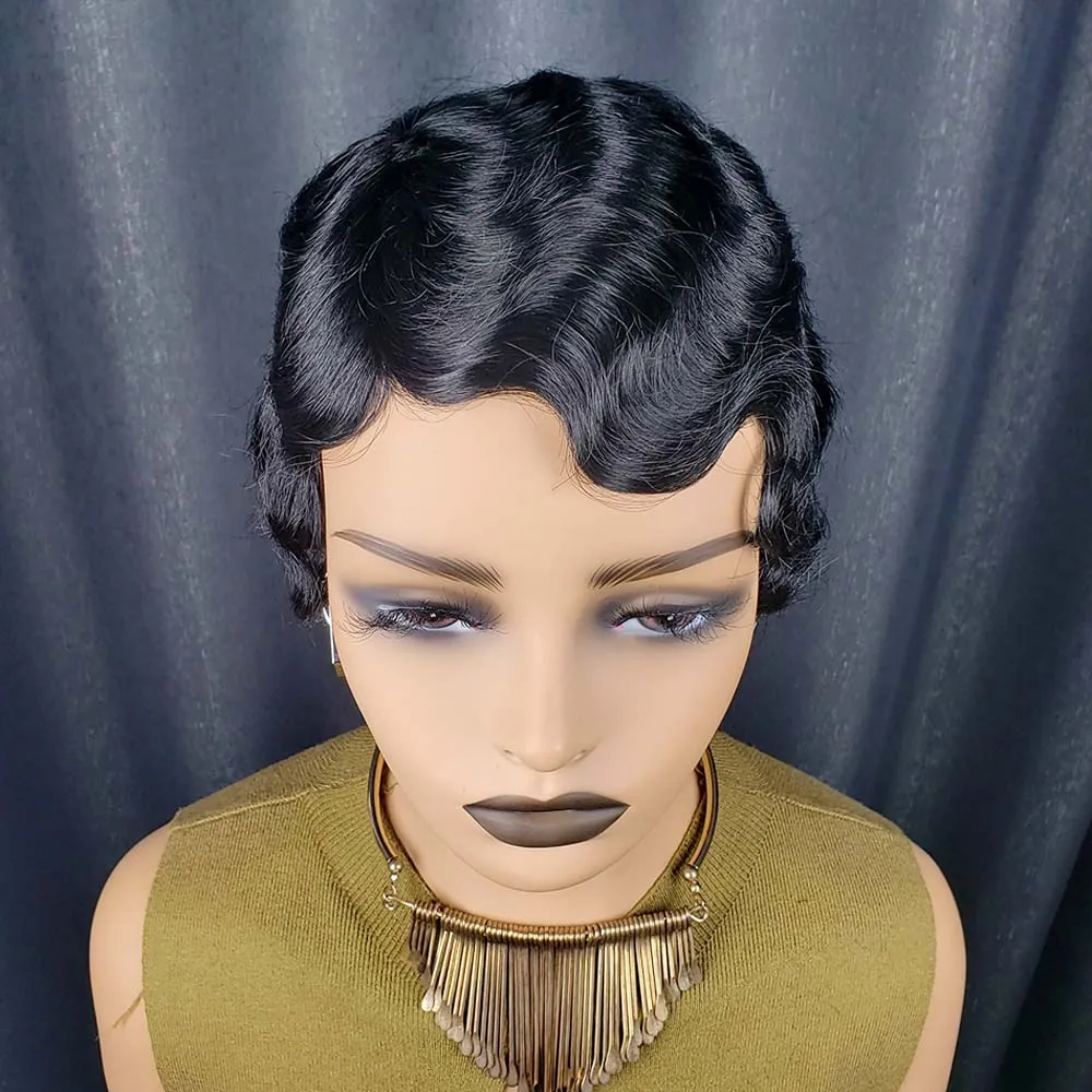 짧은 곱슬 픽시컷 가발 핑거 오션 웨이브 가발 흑인 여성용 레미 인모 숏 레이어드 머신 메이드 밥 가발