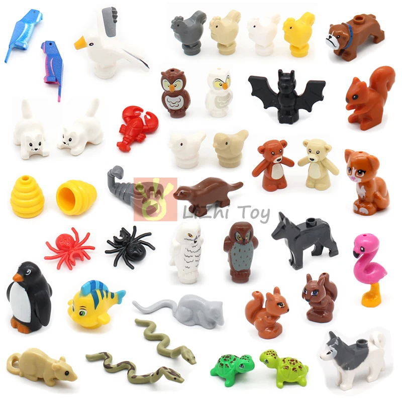 MOC Animal Figure Brick Building Blocks Pet Zoo Dog Penguin Cat Clown Fish Bird Bear Bat Squirrel Owl DIY Model Toys Girls Kids