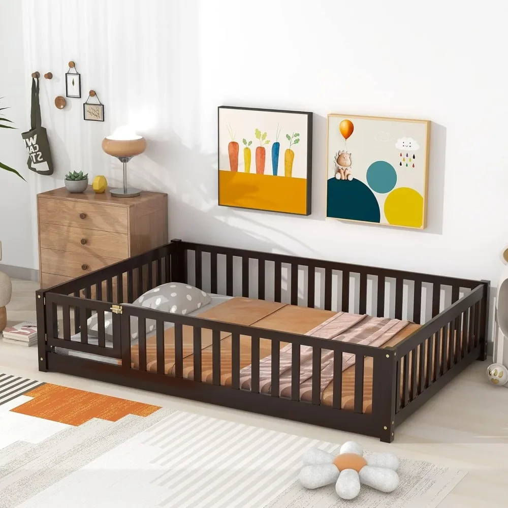 Floor Bed for Kids Full Size Montessori Bed Frame with Fence Railings & Support Slats, Wooden Playhouse Beds for Boys Girls