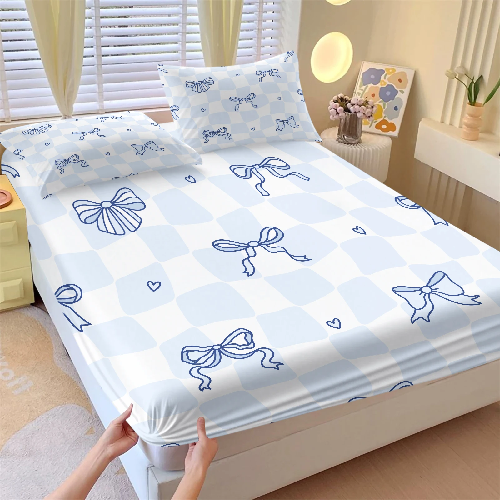 3Pcs Blue Check Bow Heart Print Fitted Sheet Set Elastic Deep Pocket Mattress Cover Soft Skin Friendly Girly Bedding Set