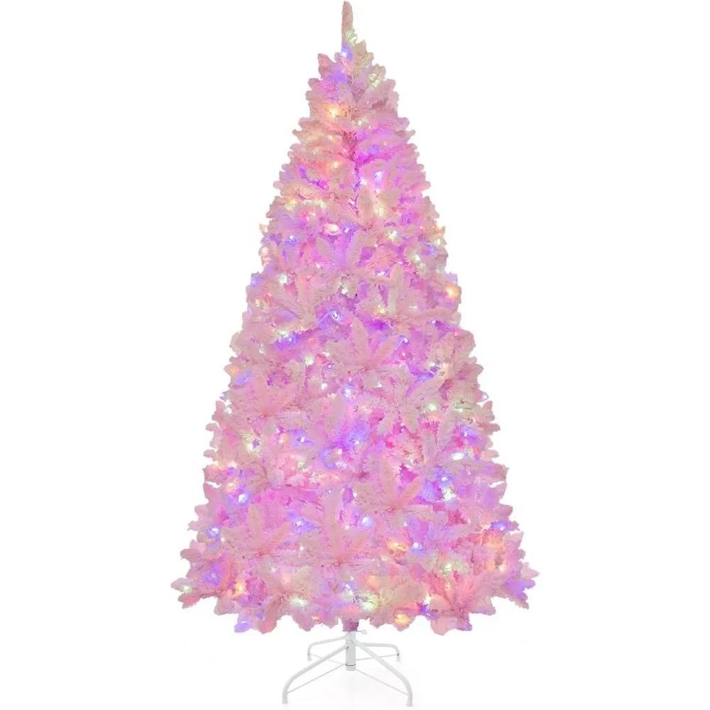 

7FT Pink Christmas Tree, Hinged Artificial Christmas Tree with 1200 Branches, 8 Lighting Modes, and 500 Multi-color LED Lights