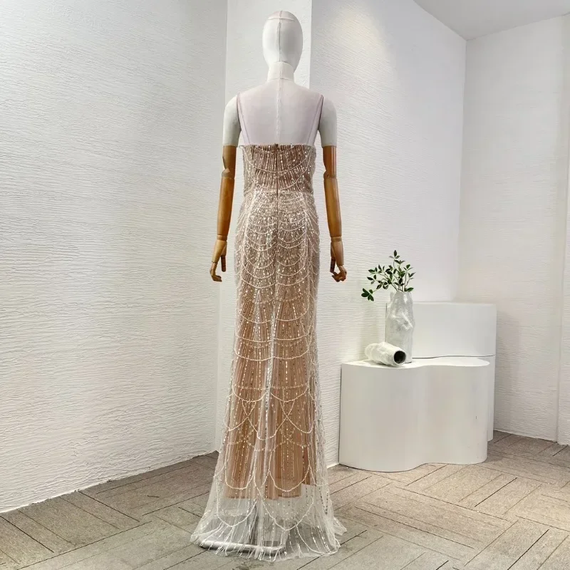 Beige Sequined Beading Pearls High Quality Fashion Style Sleeveless Floor Length Long Maxi Heavy Dresses for Party