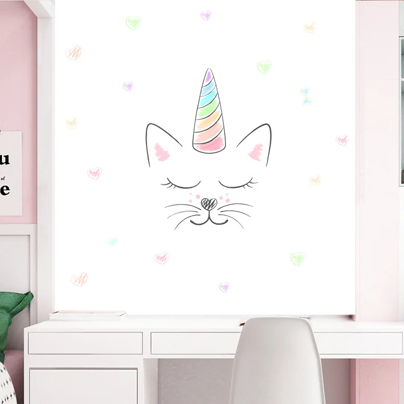 Watercolor Love Unicorn Cat Wall Stickers for Girl Princess Kids Rooms Decoration Stickers Home Decor PVC Wall Decals for Door