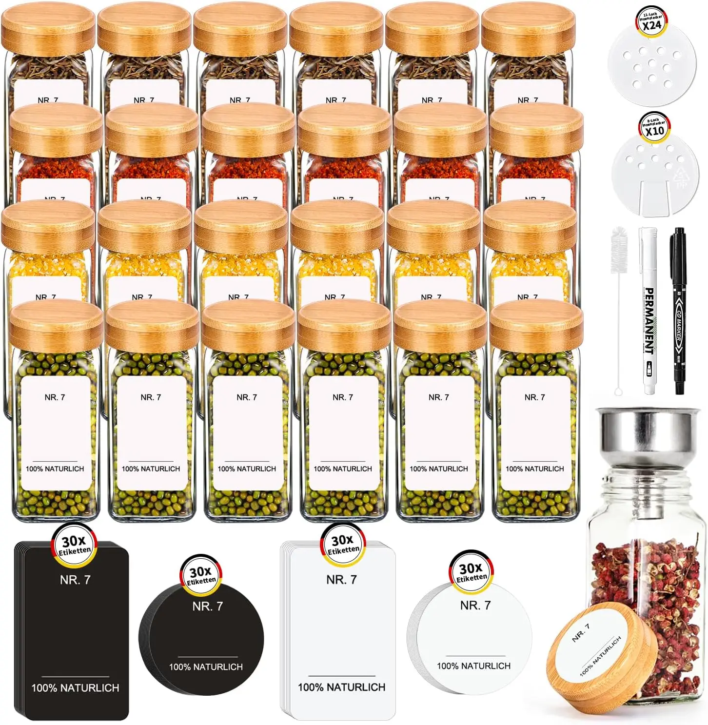 Juego cuadrado de tarros de especias con tapa de bambú ecológico de 120 ml | 12/24 tarros de especias con etiquetas de especias | Organizador de especias de cocina perfecto