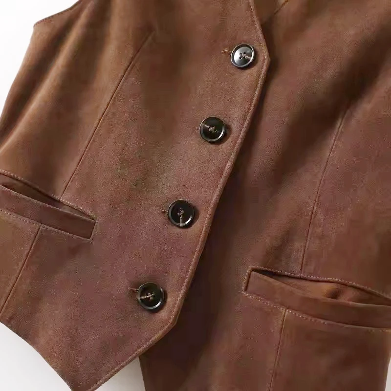 100% Genuine Cowhide Women\'s Vest Tops 2024 Autumn New Vintage British Style V-neck Cow Suede Female Casual Short Waistcoat Tops