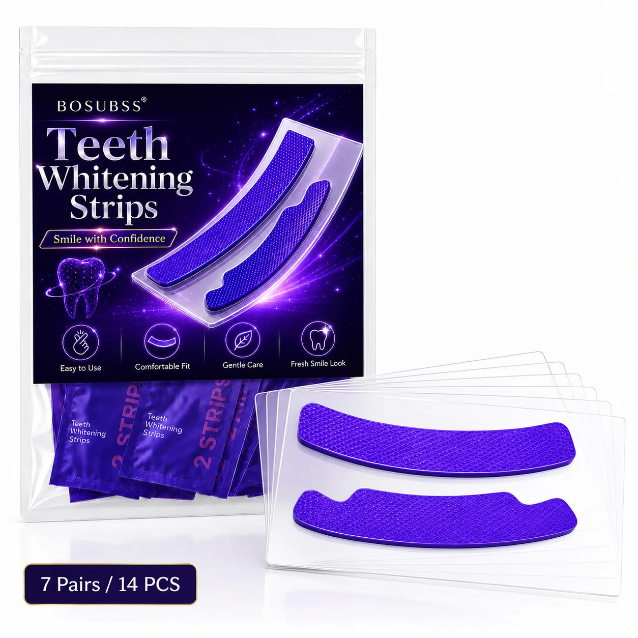 14PCS/7 Pairs Purple Teeth Strips, Individually Packed, Easy to Use, Comfortable Fit, Portable Daily Oral Care
