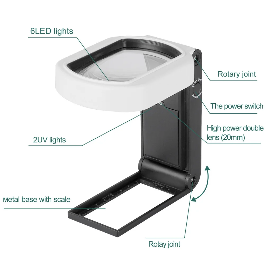 Loupe éclairée 25X 10X, loupe avec support léger Conception pliante 9 LED Loupe pour l'inspection des pièces de monnaie