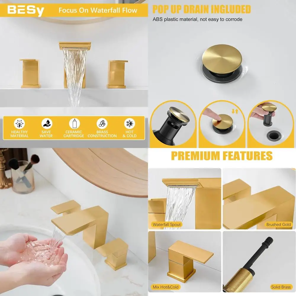 

8 Widespread 3-Hole Square Bathroom Sink Faucet with 2 Handles and Pop-Up Drain in Brushed Gold Finish