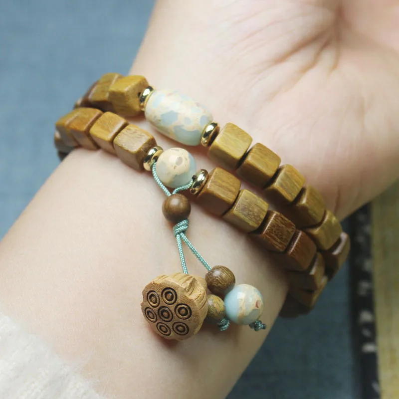 

Green Sandalwood 6mm Square Beads Bracelet Double Layer Small Lotus Seed Pod Prayer Beads for Men Women Wenwan Jewelry Gifts