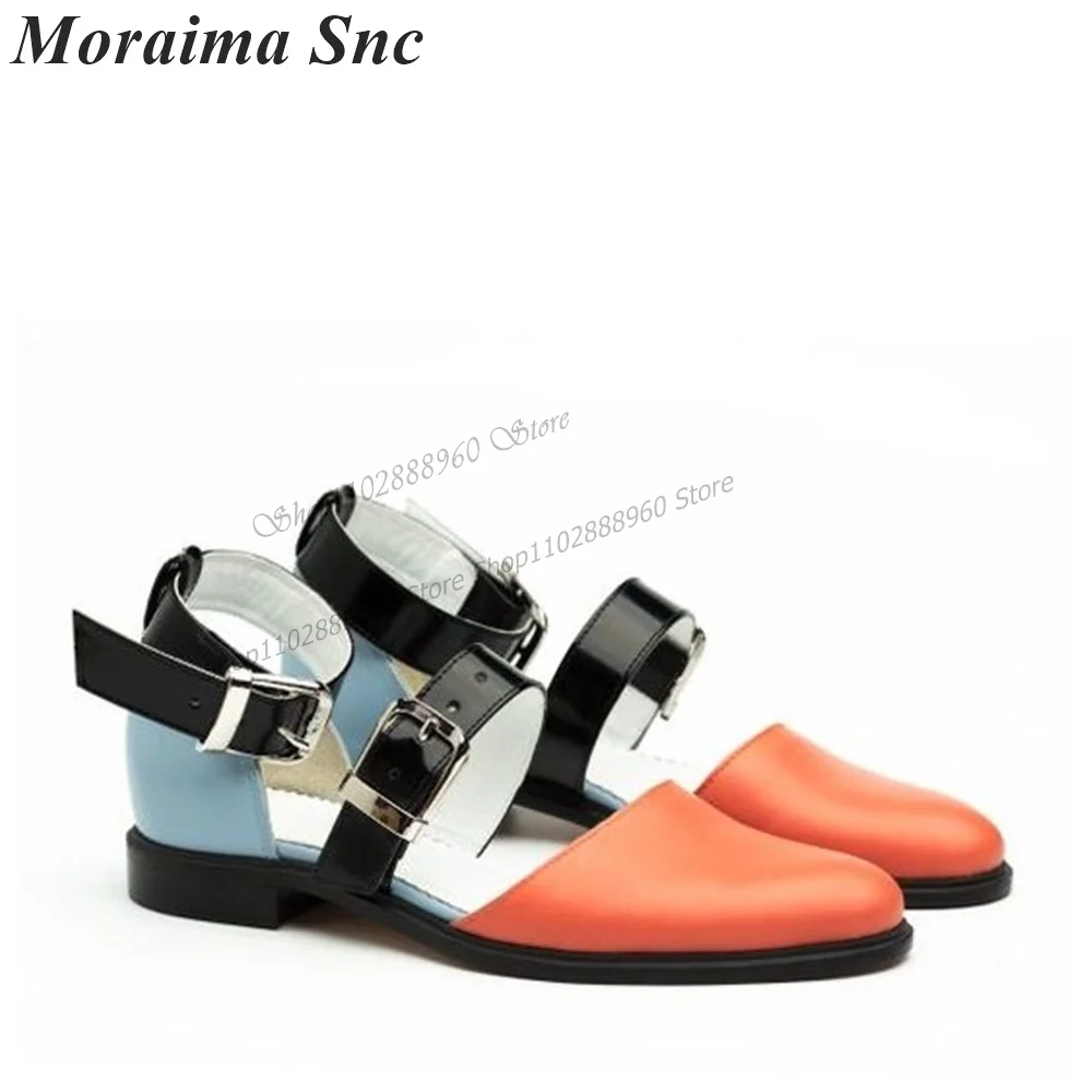 Mixed Color Matte Leather Belt Buckle Strap Sandals Flat With Women Shoes Ankle Buckle Strap Round Toe 2023 Zapatos Para Mujere