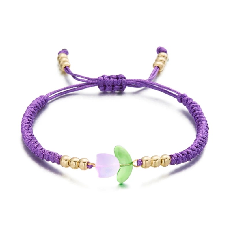 Light Luxury Purple Tulip Bracelet For Women Korean Resin Flower Beaded Adjustable Charm Bracelet Handmade Friendship Jewelry