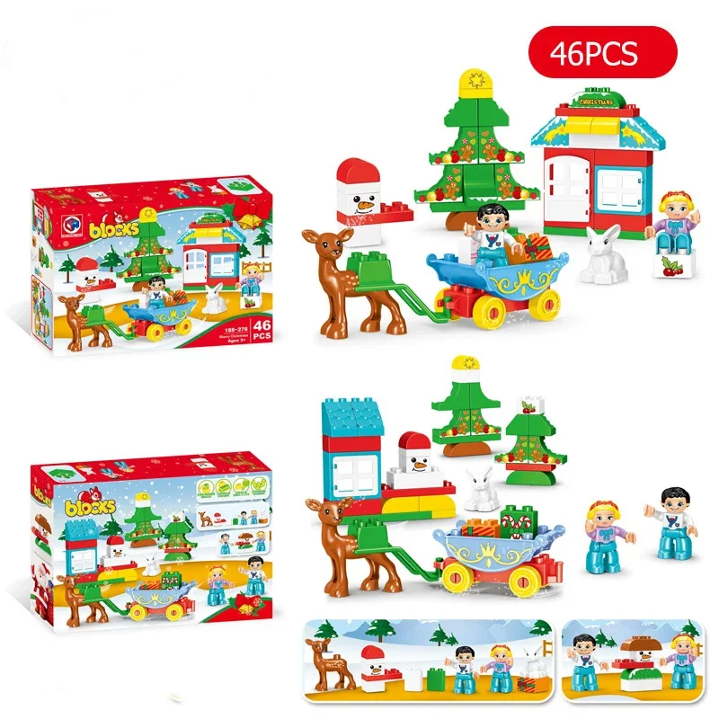 

46pcs Big Particle Dupled Christmas City Elk Sleigh Building Blocks DIY Family Christmas Hut Tree Brick Kids Toy Kit for Kids