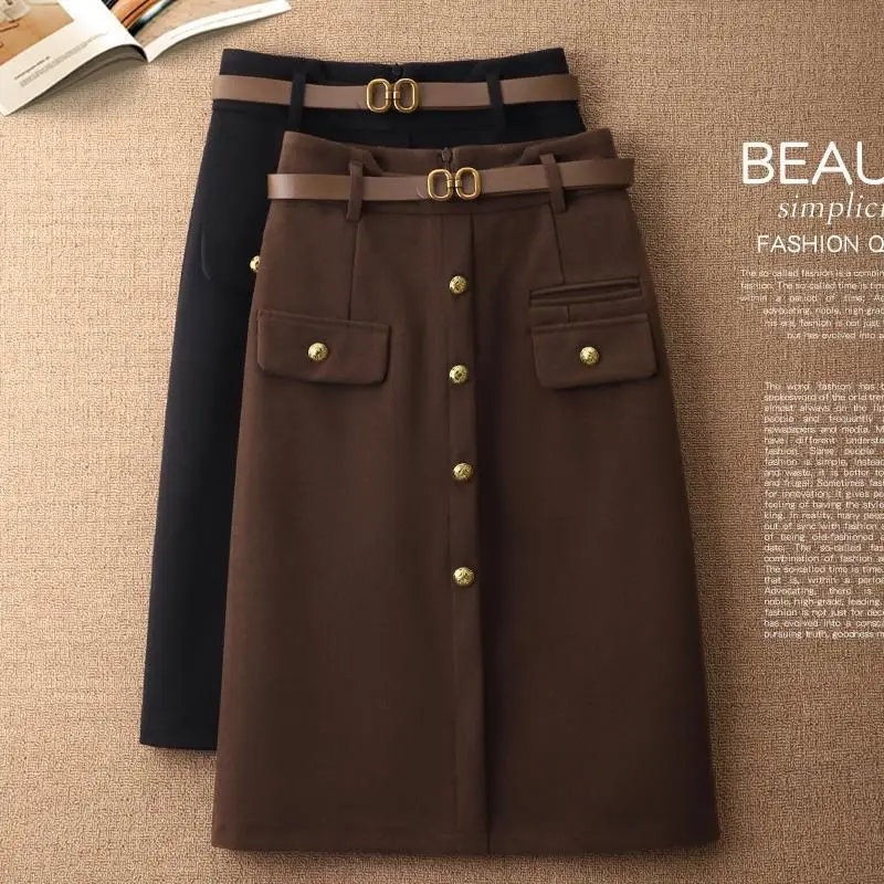 2024 Spring and Autumn Winter New Woolen Half Skirt Women\'s High Waist A-line Hip Wrapping Skirt Medium Length Skirt