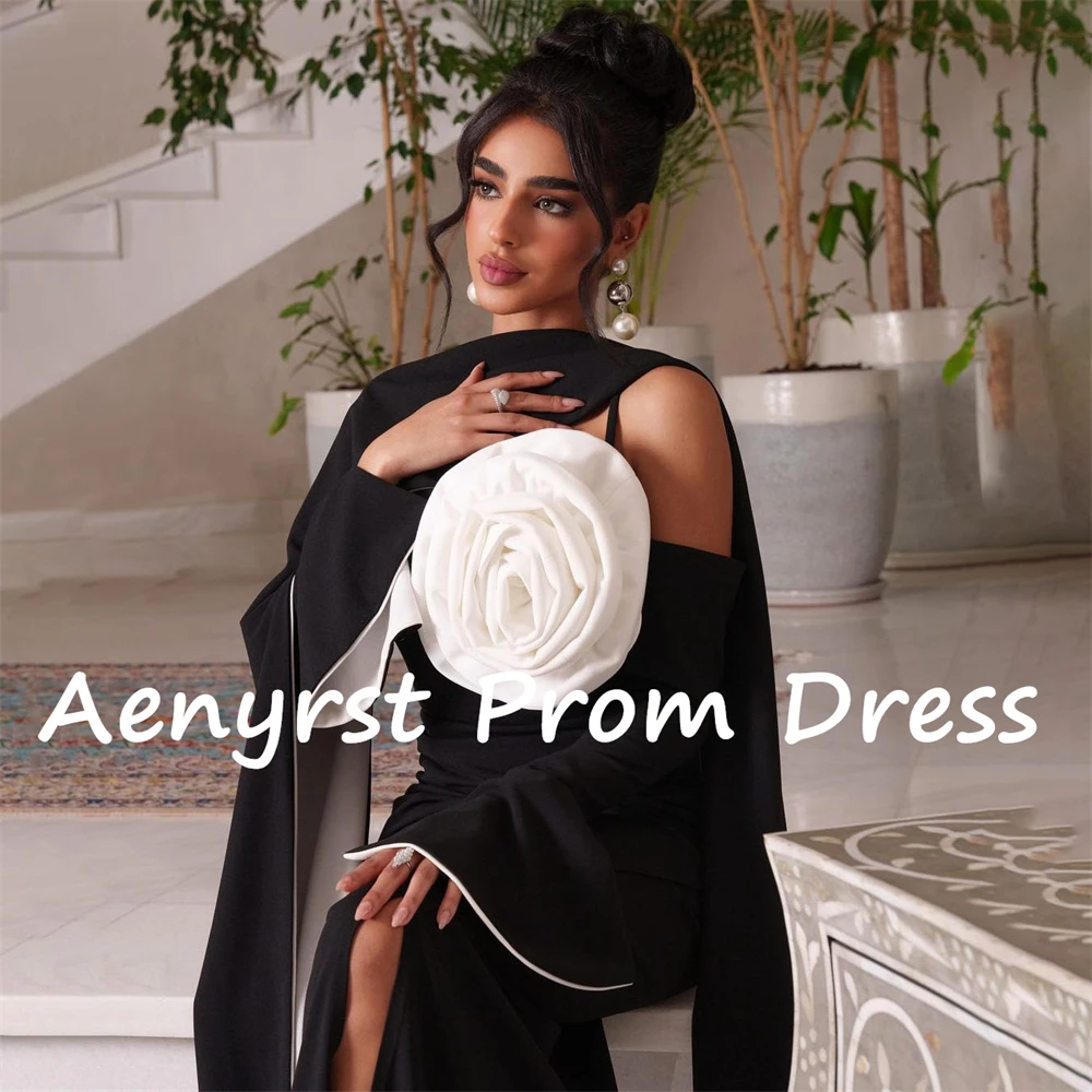 Aenyrst-Robe de soirée noire en forme de sirène, manches longues, motif fleuri 3D, fendue, longueur rinçage, avec écharpe, pour occasion personnalisée