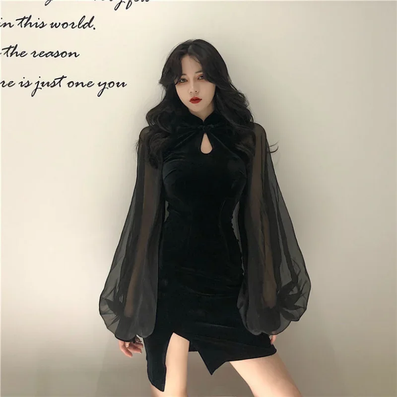 

Women's Cheongsam Qipao Dress Velvet Side Split Lantern Sleeve Slim Fit Long Sleeves Dress Mandarin Collar Mini Dress Y2k Платье