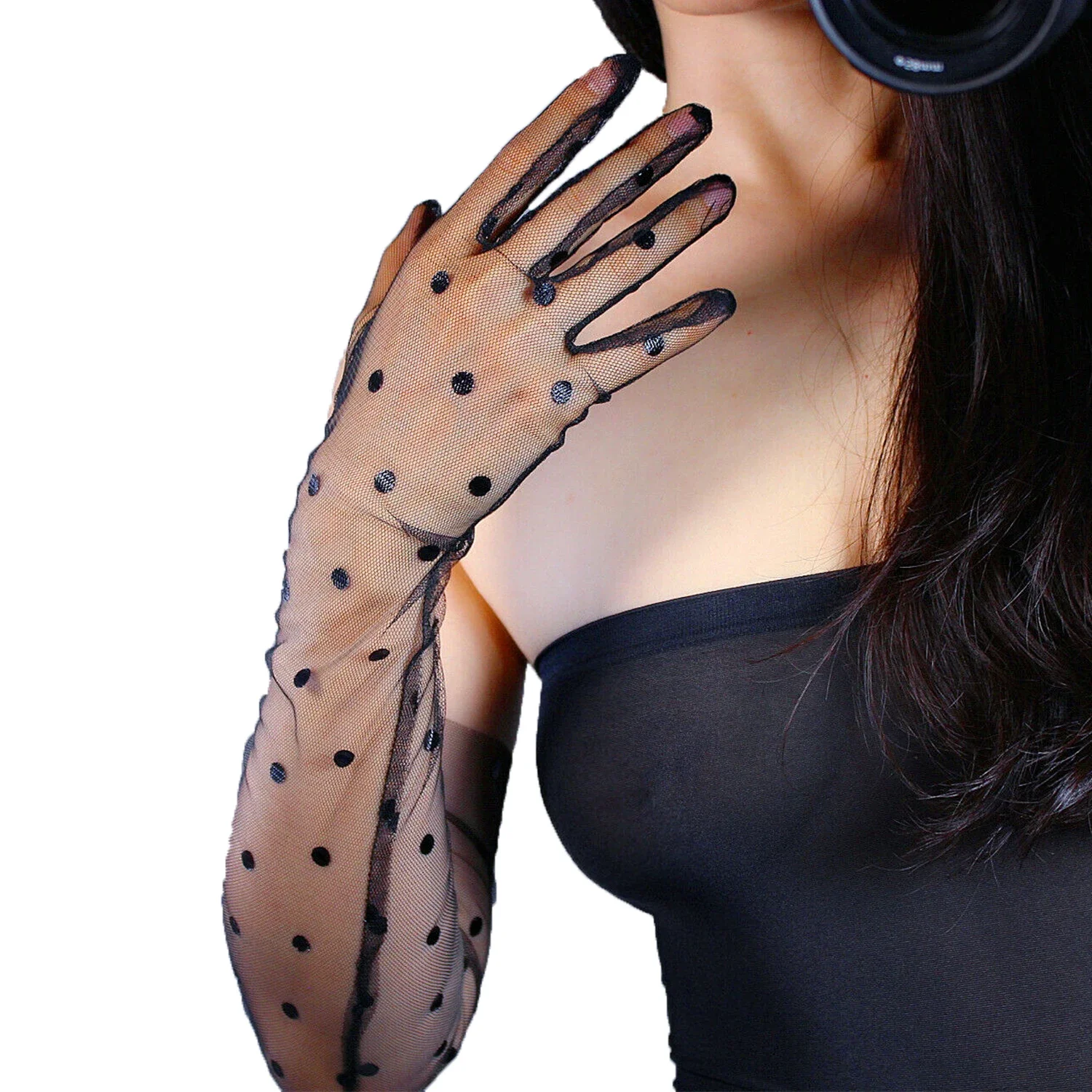 

DooWay Women Black Sexy Polka Dots Gloves Lace Tulle Sheer Long TECH Wedding Bridal Fashion Wedding Christmas Evening Glove