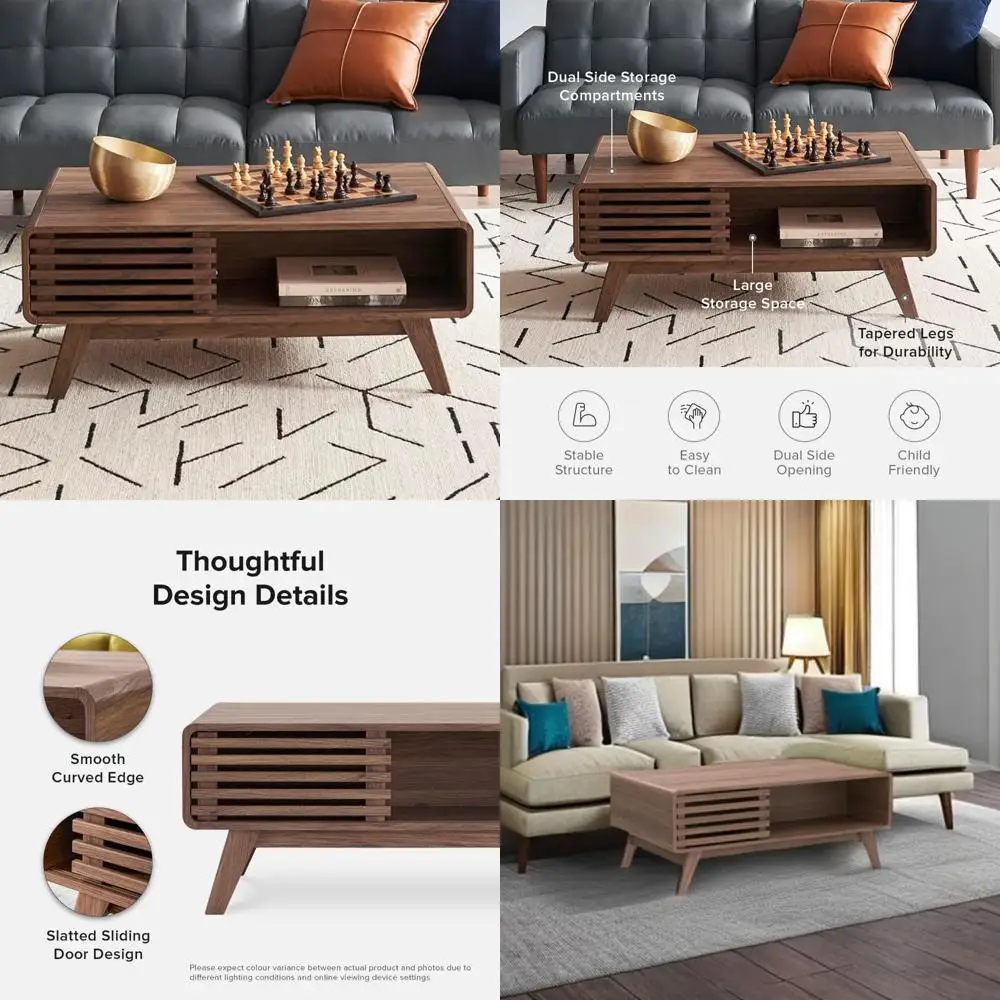 Moderne salontafel in boerderijstijl uit het midden van de eeuw met opbergruimte, woonkamertafel van walnoothout met gecanneleerd ontwerp