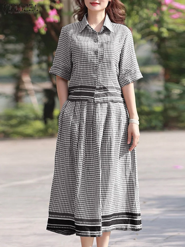 

ZANZEA Women Elegant 2 Pieces Sets Gingham Color-Blocked Short Sleeve Shirts & A-Line Midi Skirts 2pcs Suits Stylish Skirt Sets