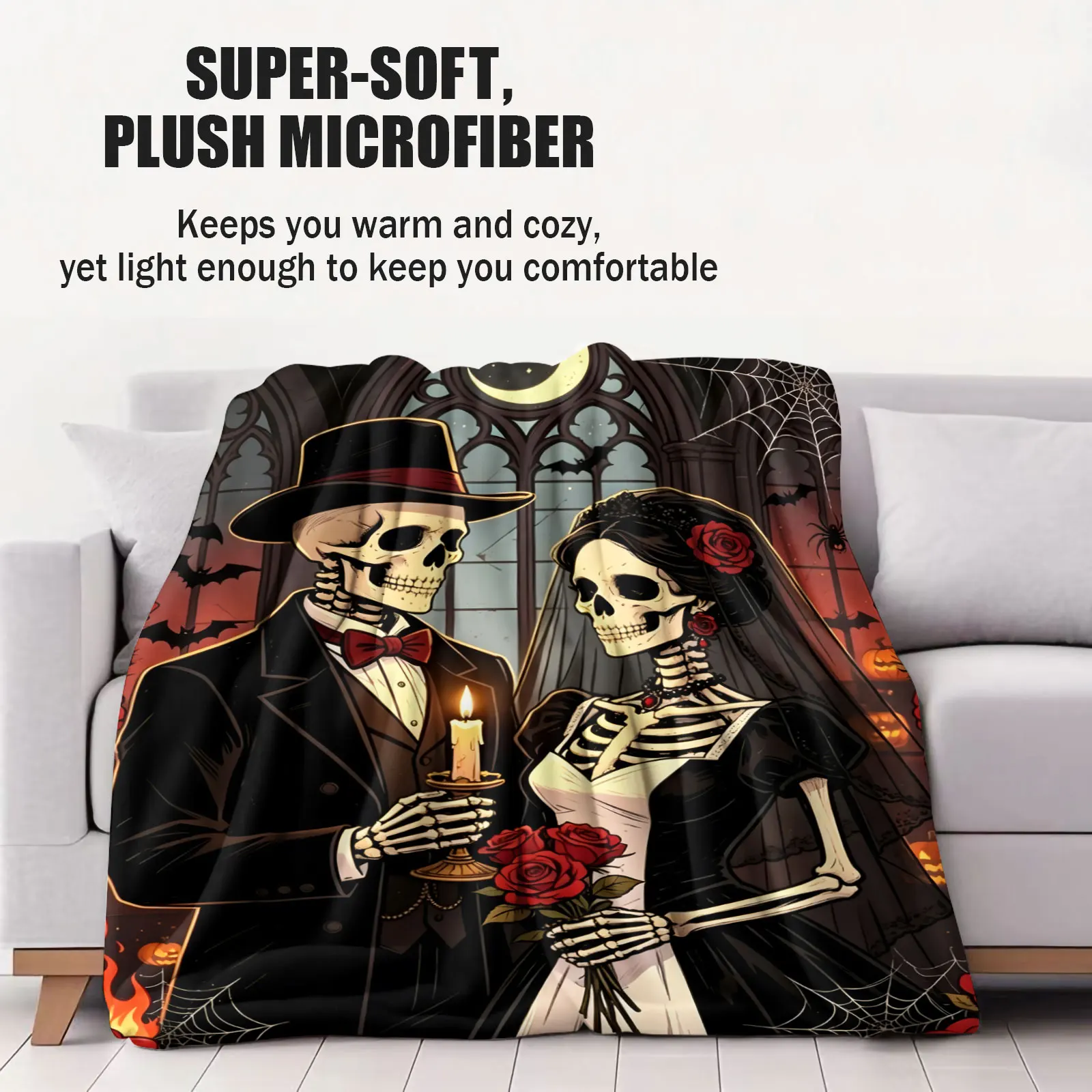 Dark Romance Skeleton Bride Groom Throw Blanket Gothic Wedding Rose Pumpkin Print Flannel Blanket Spooky Halloween Home Decor
