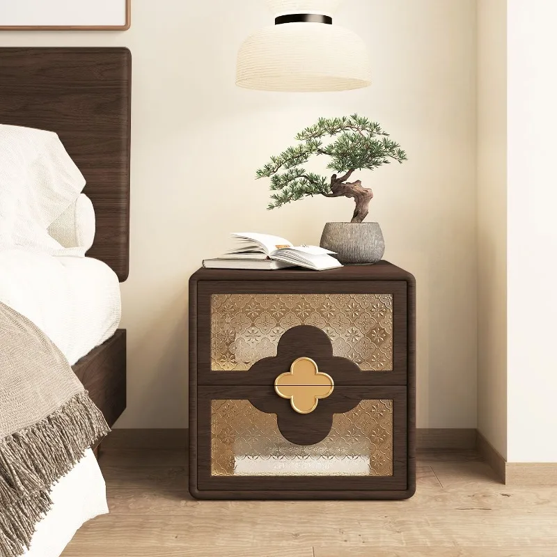 New Chinese-style solid wood bedside table, black walnut wood grain leather bedroom storage cabinet, light luxury  locker