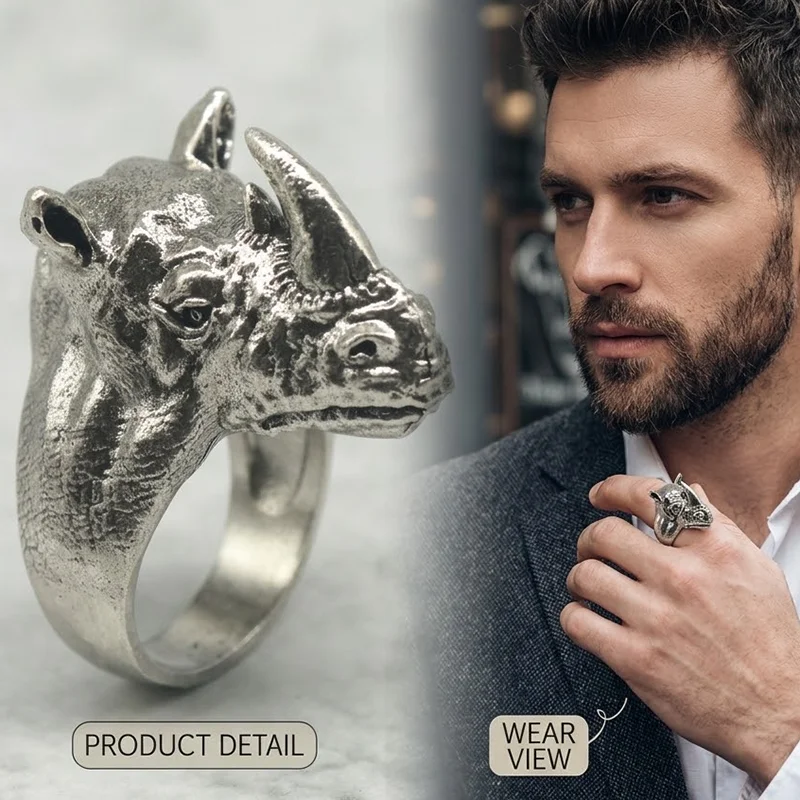Buy 4 Get 1 Free 3D Rhino Men Rings a scorching savanna and its king, tamed into a silent totem upon the finger rhino Men