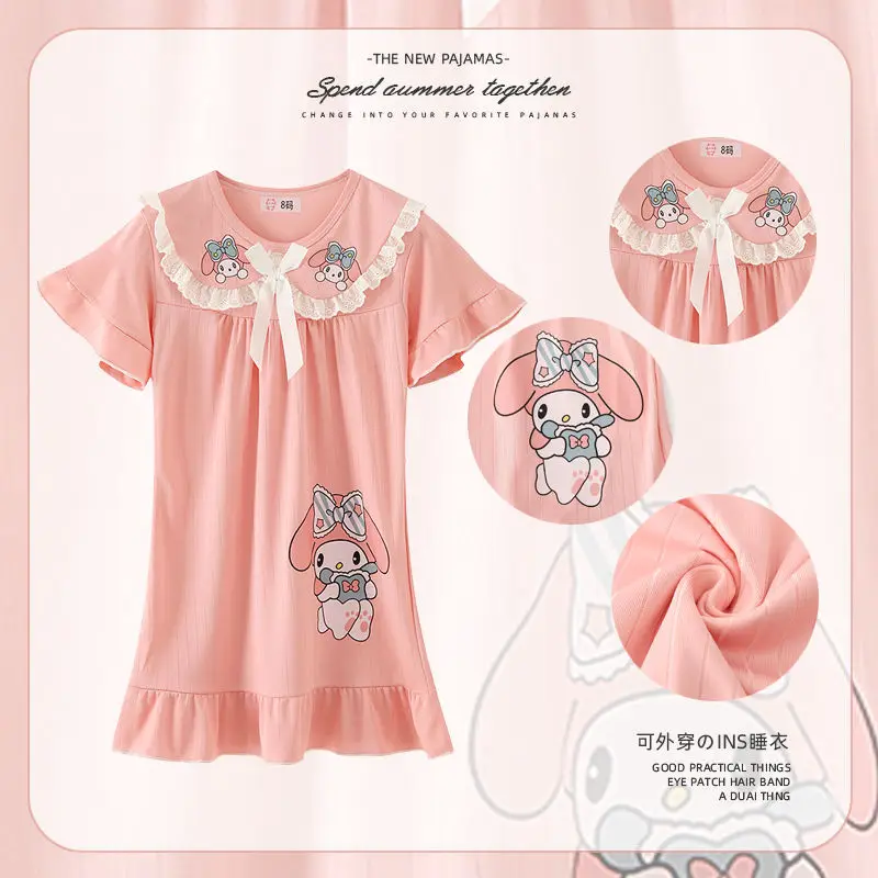 Summer Girl Pajamas Kuromi Cinnamoroll My Melody Cartoon Nightdress Little Girl Cute Princess Style Dress Short Sleeves Pajamas - view 3